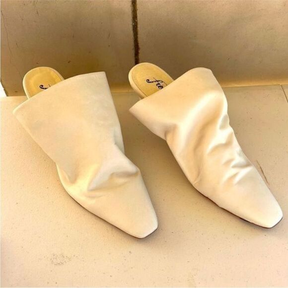 Free People Cannon Square Toe Mule Heels Ivory Leather NWOB$148EU 39 US 9